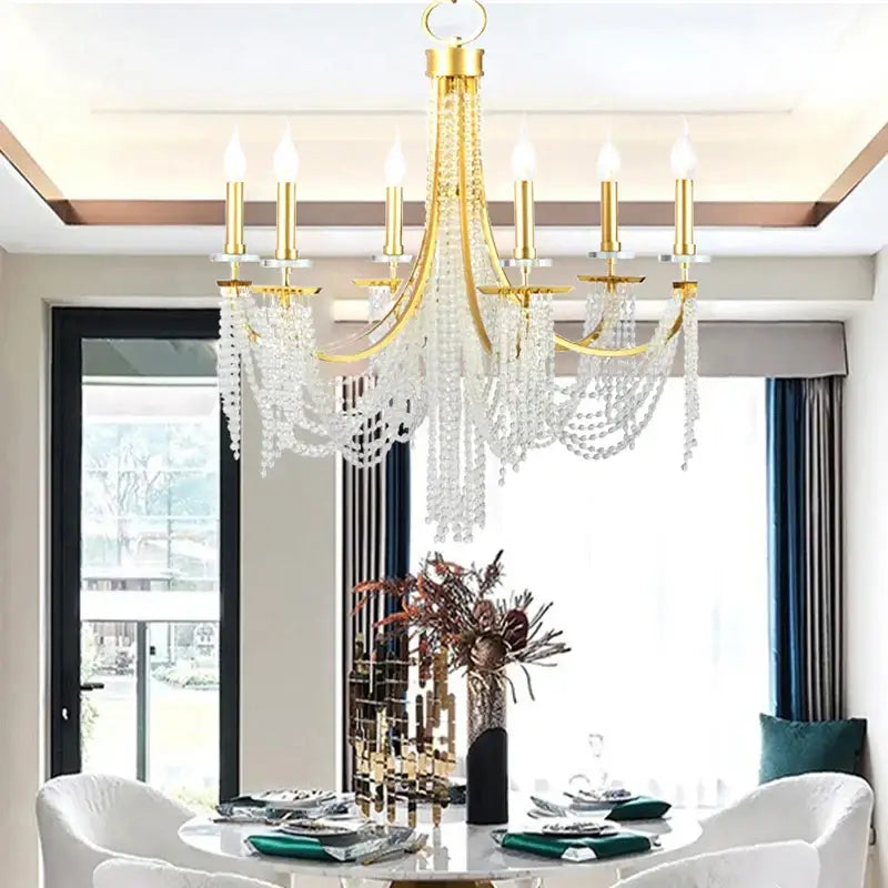 Gold-toned decorbites led lustres hanging lamps with cascading crystal beads and candle-style bulbs for vintage home decor