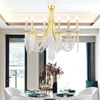 Gold-toned decorbites led lustres hanging lamps with cascading crystal beads and candle-style bulbs for vintage home decor