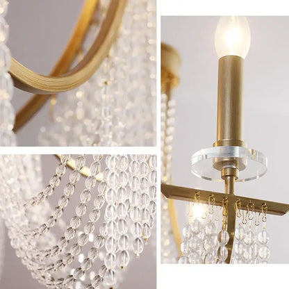 Gold-toned decorbites led lustres hanging lamps featuring cascading clear crystal beads and central candle-style bulb