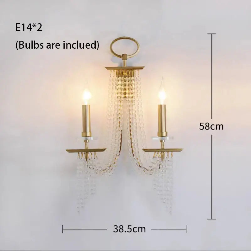 Gold-toned decorbites led lustres wall sconce with two candle bulbs and cascading crystal beads for elegant home decor