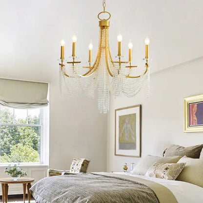 Gold-toned decorbites led lustres hanging lamp with crystal droplets and candle-style bulbs for vintage home decor