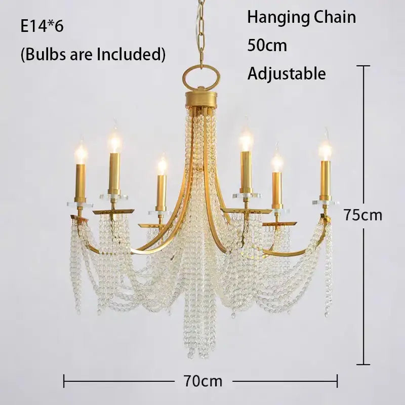 Gold-finished decorbites led lustres hanging lamps with six candle-style bulbs and cascading clear crystal beads for home decor