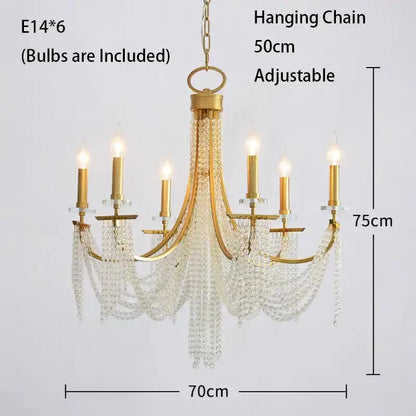 Gold-finished decorbites led lustres hanging lamps with six candle-style bulbs and cascading clear crystal beads for home decor