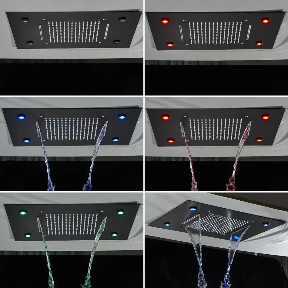 Black rectangular decorbites led luxury shower head with multiple water jets and colorful led lighting 304sus material