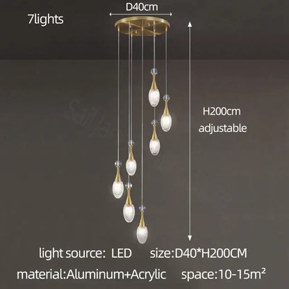 DecorBites led luxury chandelier with seven golden acrylic teardrop lights and aluminum ceiling mount for living areas