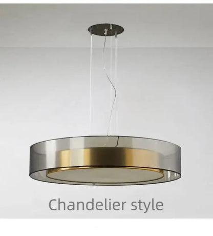 Modern circular DecorBites LED luxury chandelier with metallic frame, translucent glass, and warm gold band for bedrooms