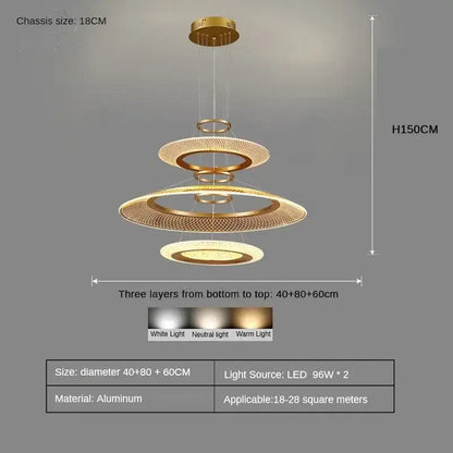 Modern gold-toned aluminum decorbites led luxury ring chandelier with three mesh circular layers and led lights for living room