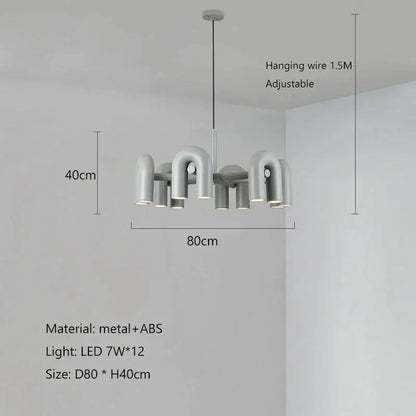 Modern gray metal and abs decorbites led macaron pendant chandelier with twelve curved pipe-like arms in u shape