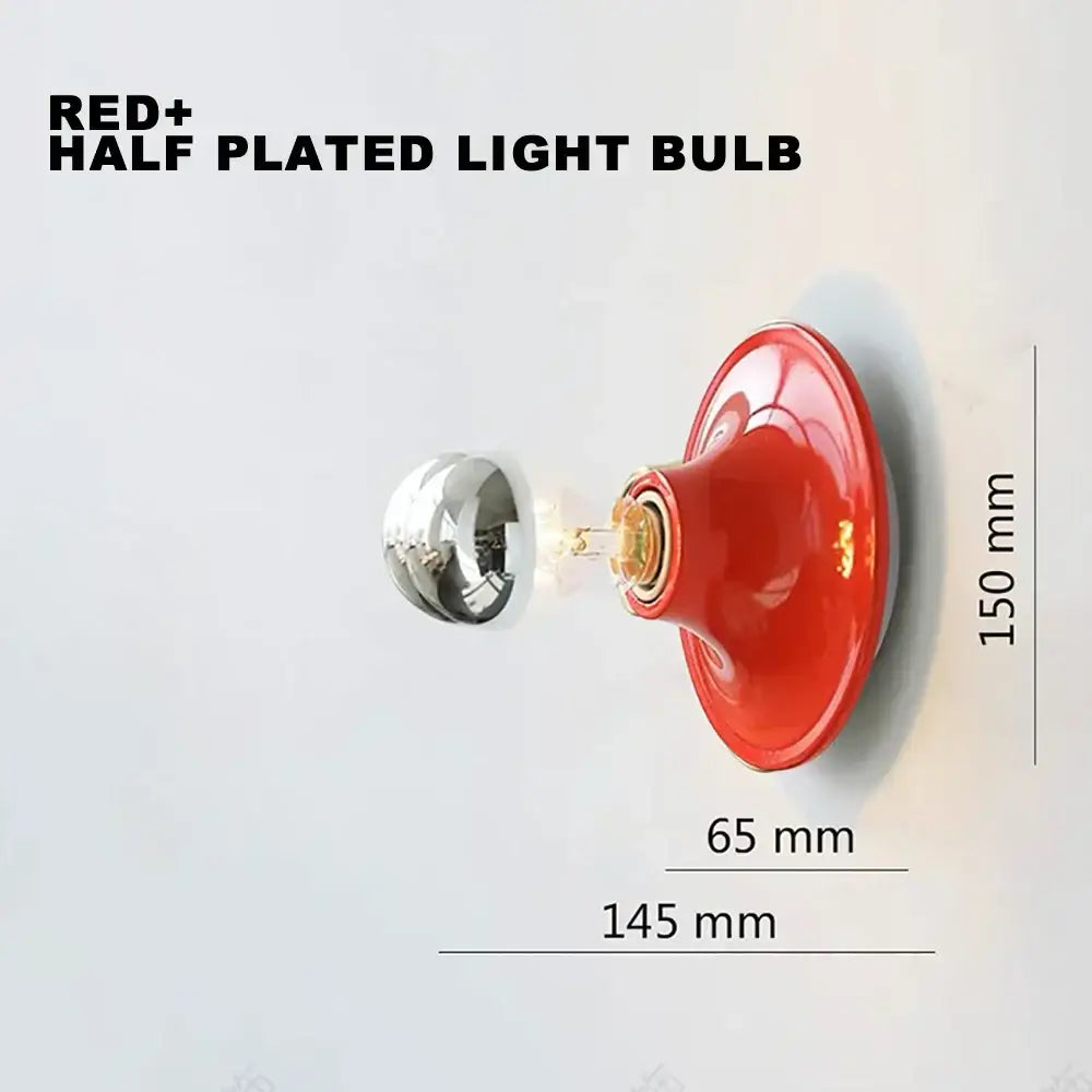 Red plus half-plated led macaron wall lamp with glossy red ceramic base and chrome metallic top for living room lighting