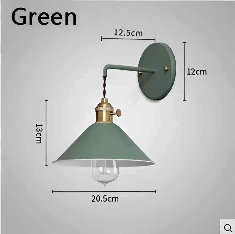 Green vintage-style wall light with brass fixture and conical shade from DecorBites led macarons colorful series