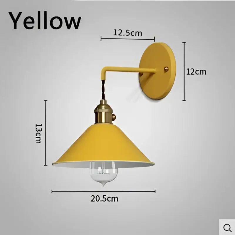 Yellow conical wall light with brass accents and visible bulb by DecorBites led macarons colorful for home improvement