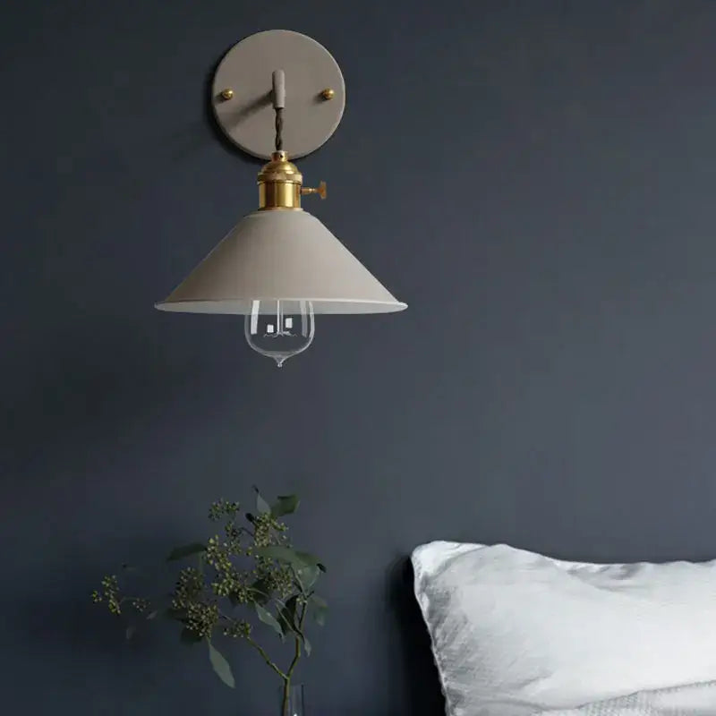 Decorbites led macarons colorful wall light with matte off-white conical shade brass accents and clear glass bulb wall light