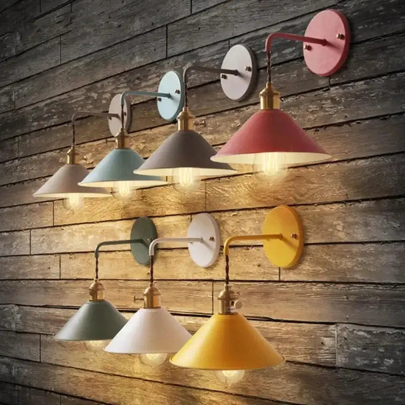 Set of colorful vintage-style wall light sconces with conical metal shades and brass accents from decorbites led macarons colorful collection
