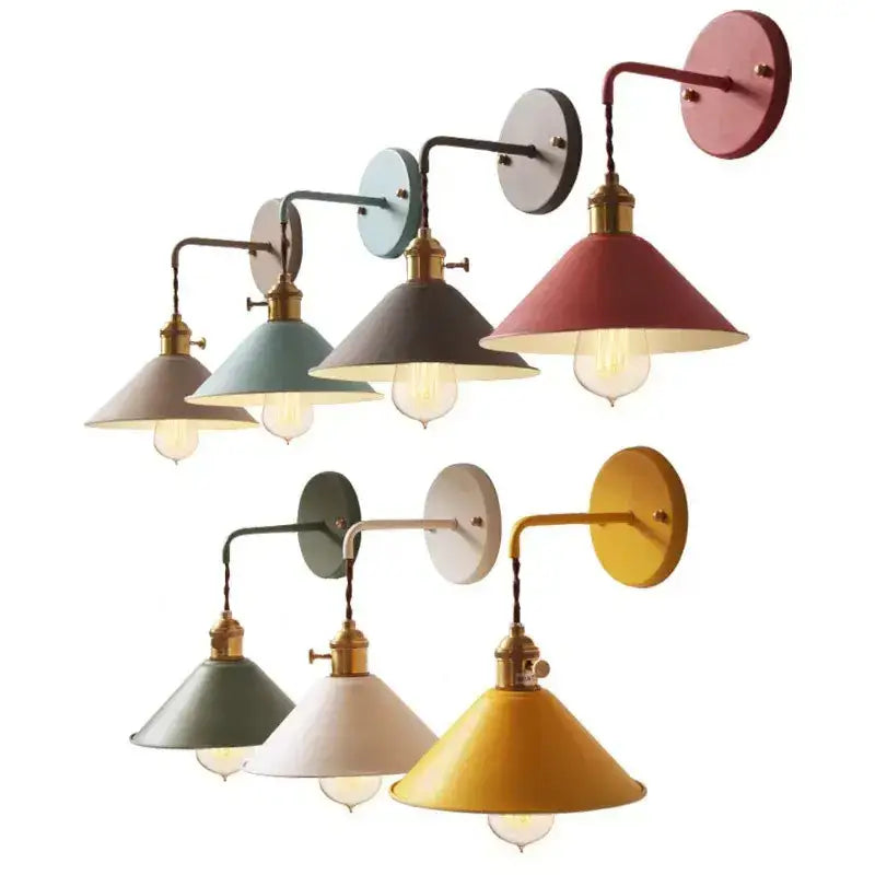 Set of six decorbites led macarons colorful wall light sconces with conical metal shades and brass fixtures for home use