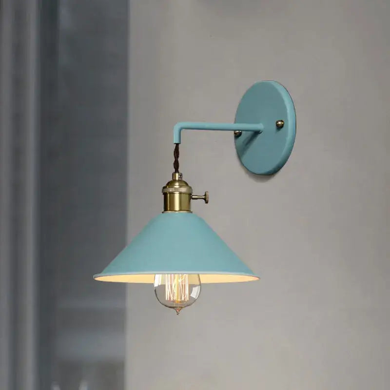 Decorbites led macarons colorful wall light with light blue conical shade brass accents and edison bulb for bedroom decor
