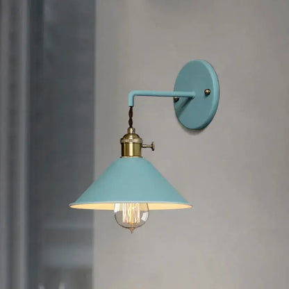 Decorbites led macarons colorful wall light with light blue conical shade brass accents and edison bulb for bedroom decor