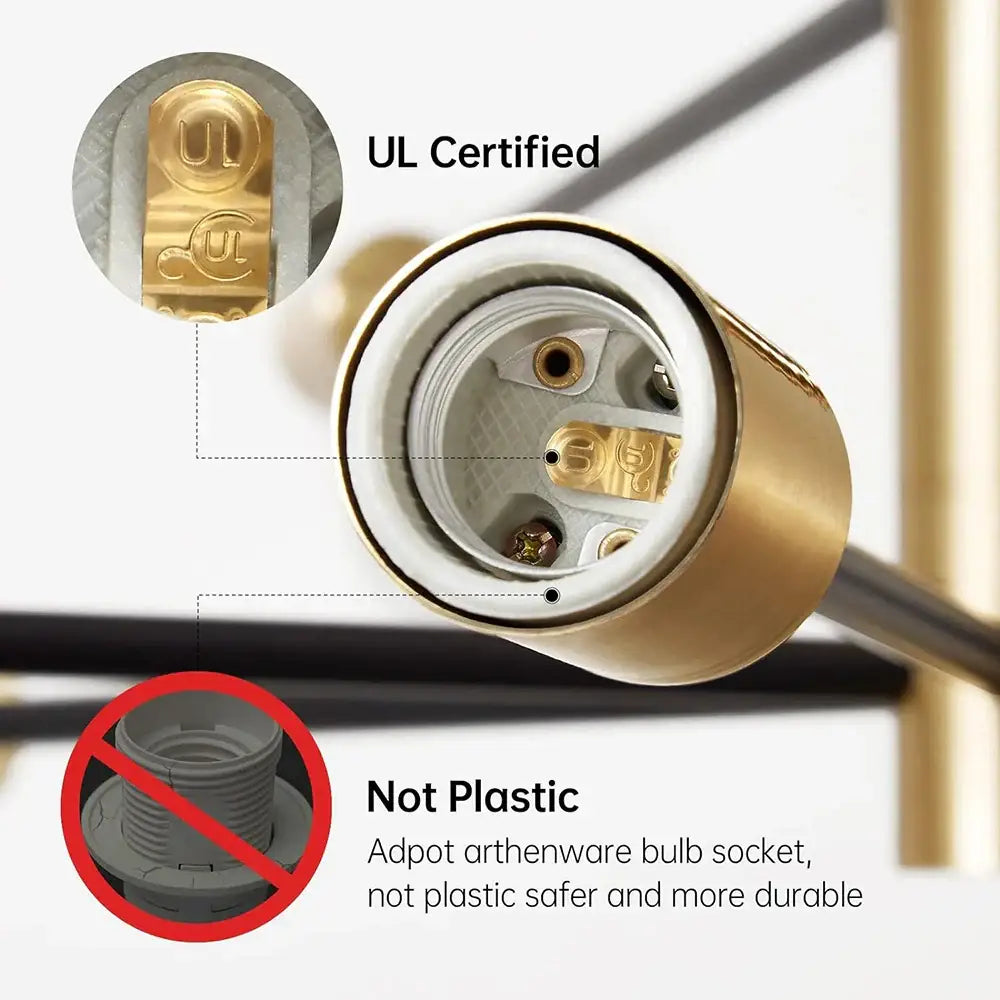 Gold metal bulb socket with white ceramic interior and ul mark for DecorBites™ minimalist magic bean chandelier indoor lighting