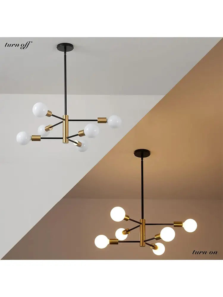 Modern brass and black metal minimalist magic bean chandelier with spherical white glass bulbs for indoor lighting