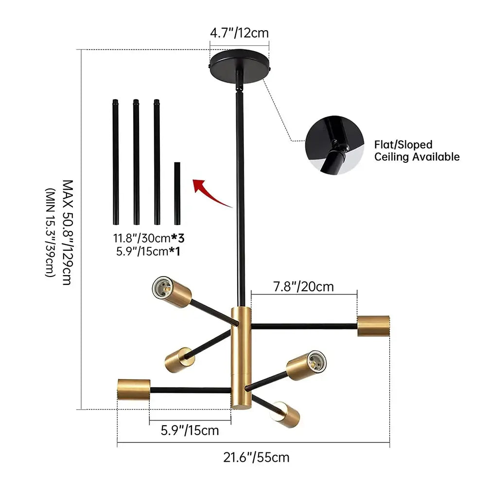 Modern black and gold brass minimalist magic bean chandelier with adjustable arms for indoor lighting by DecorBites