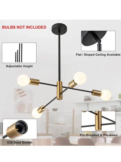 DecorBites™ minimalist magic bean chandelier with black and brass adjustable height arms for indoor lighting