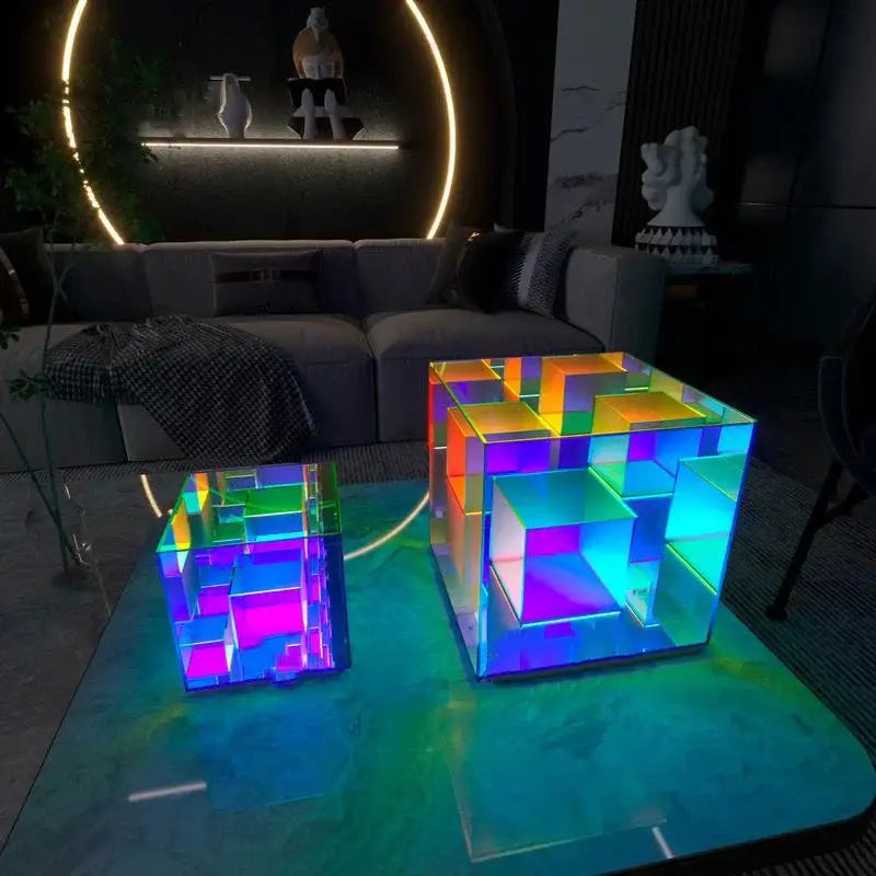 Two translucent acrylic decorbites led magic cube table lamps with vibrant rainbow lighting and modern geometric design