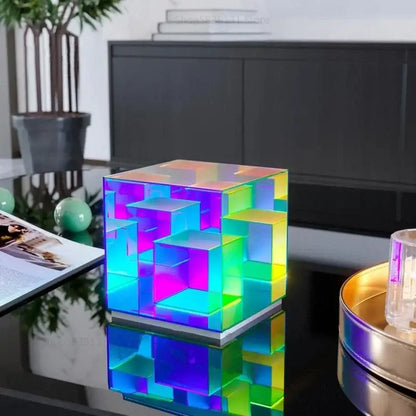 Decorbites led magic cube acrylic table lamp with translucent multicolored geometric design glowing in vibrant hues