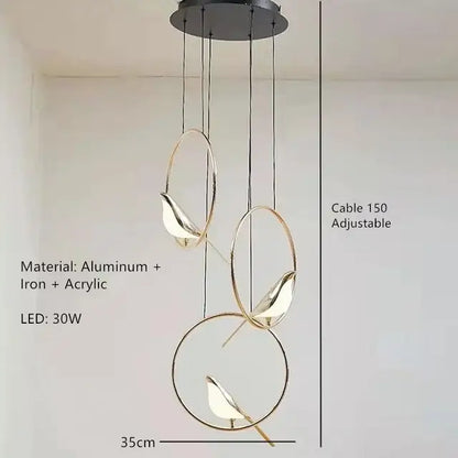 Modern decorbites led magpie pendant light with three gold-toned circular frames and bird-shaped led lamps for living room