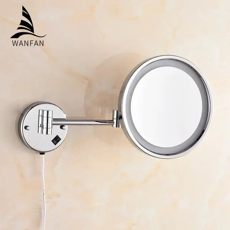 Silver-finished decorbites led makeup mirror with 8 inch round magnifying glass and adjustable wall-mounted arm
