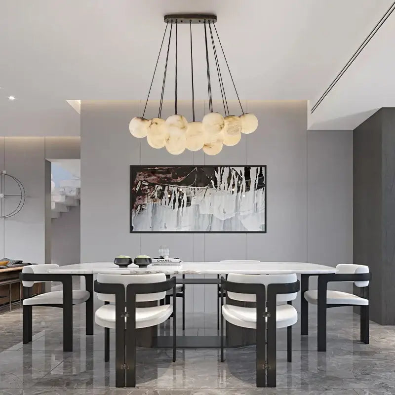 DecorBites led marble balls chandelier with frosted glass orbs and black cords for dining room lighting