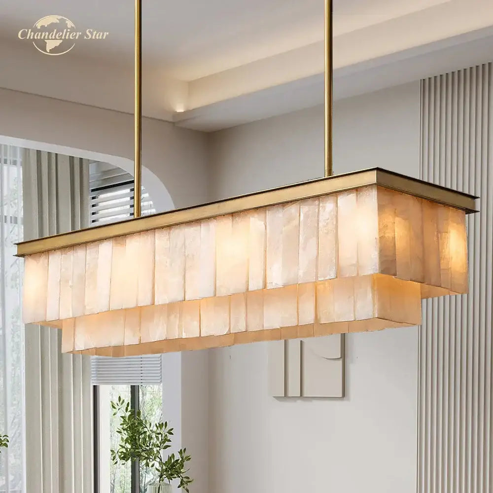 Rectangular decorbites led marble glace calcite chandelier with amber glass panels and polished brass frame for kitchen island