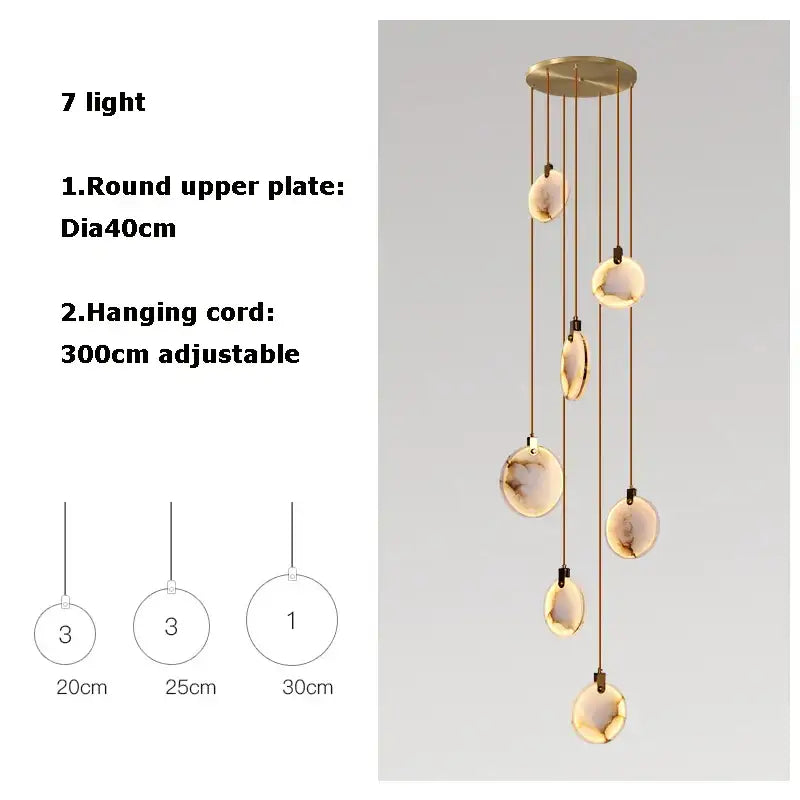Modern brass-finished decorbites led marble chandelier with seven amber translucent stone globes for living room lighting