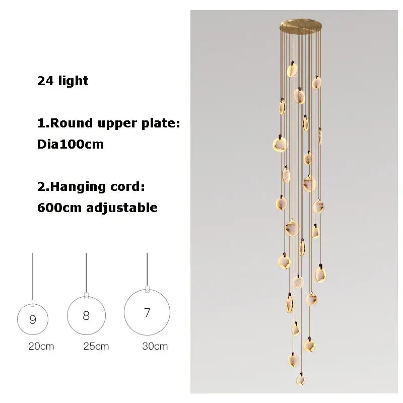 DecorBites LED marble gold chandelier with 24 gold-toned hanging lights in translucent teardrop glass globes for living room