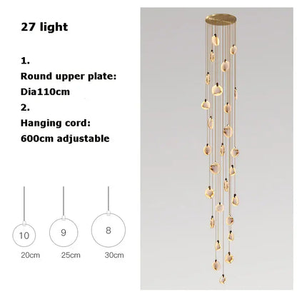 Decorbites led marble gold chandelier with 27 warm oval glass pendants and brass plate for living room lighting
