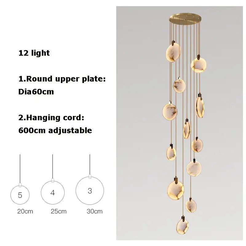 Modern decorbites led marble gold chandelier featuring 12 amber glass orbs suspended from a circular ceiling plate for living room