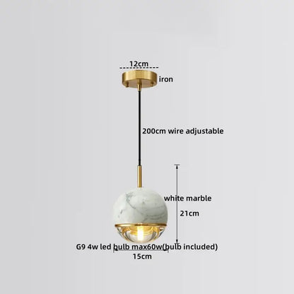 DecorBites led marble pendant lamp with white marble globe gold iron hardware and adjustable 200cm wire for modern luxury lighting
