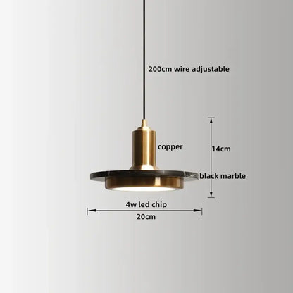 Modern decorbites led marble pendant lamp with copper stem and black marble disc featuring 4w led chip lighting