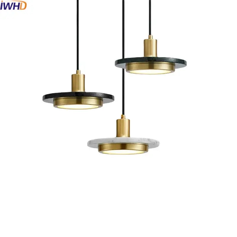 DecorBites led marble pendant lamp featuring modern brass accents and black and white circular marble plates for luxury lighting