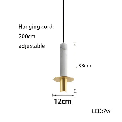 A modern decorbites led marble pendant light with white marble body and gold metal base for dining room use