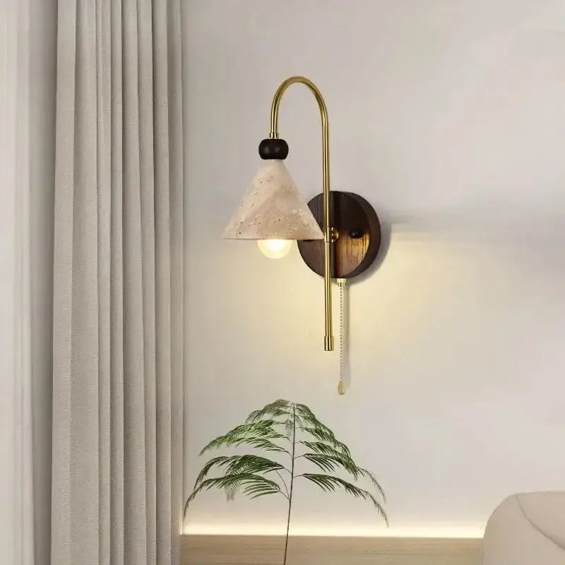 Decorbites led marble wall light with brass finish, off-white textured shade, and dark wood backplate for wall light use