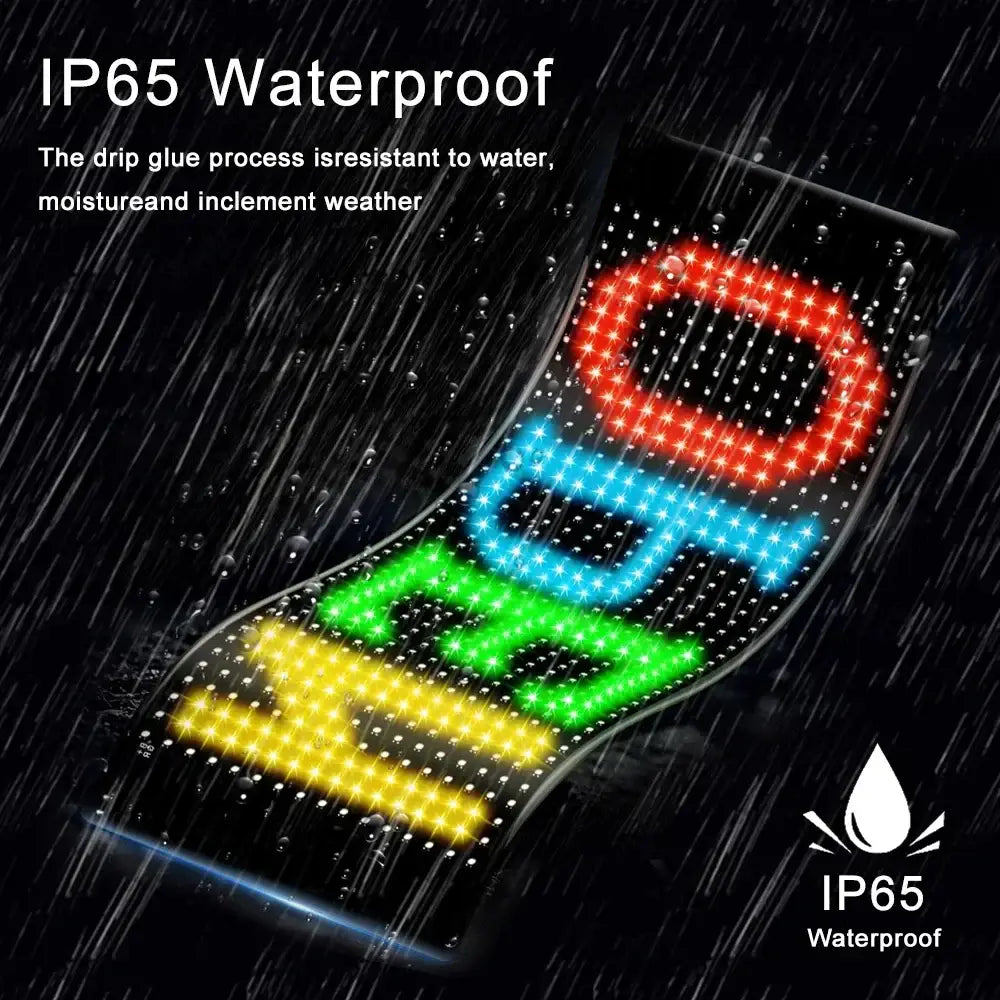 A flexible curved decorbites led matrix panel with vibrant red blue green and yellow lights displaying ip65 for car windows