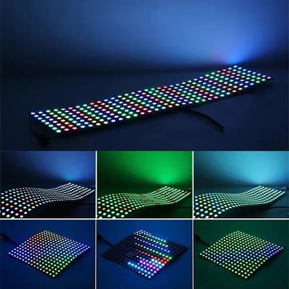 Flexible decorbites led matrix panel light with colorful addressable leds emitting blue green red and purple hues