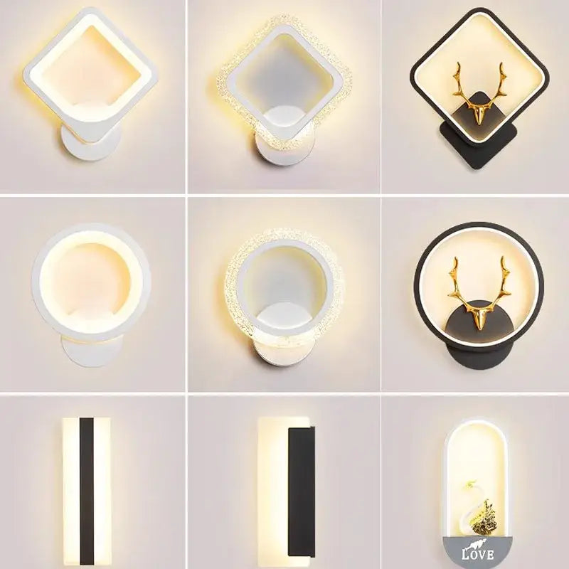 Modern geometric wall light in white and black with gold deer head or bird accents decorbites led metal acrylic design