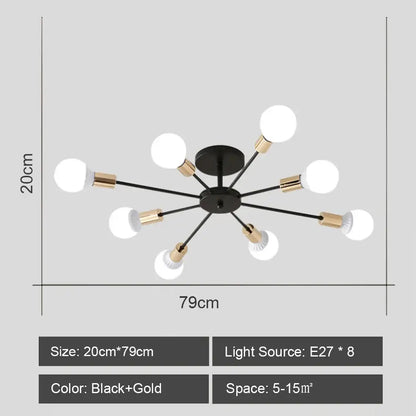 Black and gold decorbites led metal ceiling light fixture with eight spherical bulbs for stylish living room decor