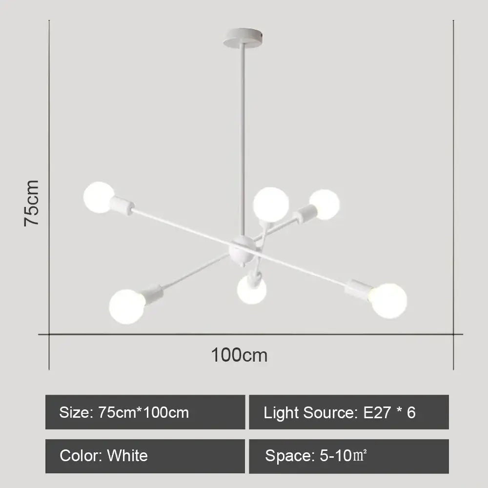 White modern DecorBites LED metal chandelier with six spherical bulbs for contemporary ceiling light home decor