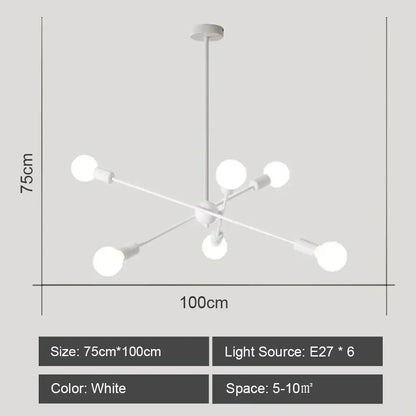 White modern DecorBites LED metal chandelier with six spherical bulbs for contemporary ceiling light home decor