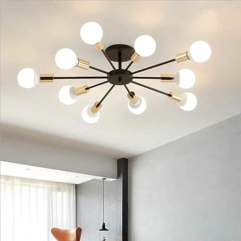 Modern black and gold starburst ceiling light with spherical bulbs by DecorBites led metal chandeliers for living room decor