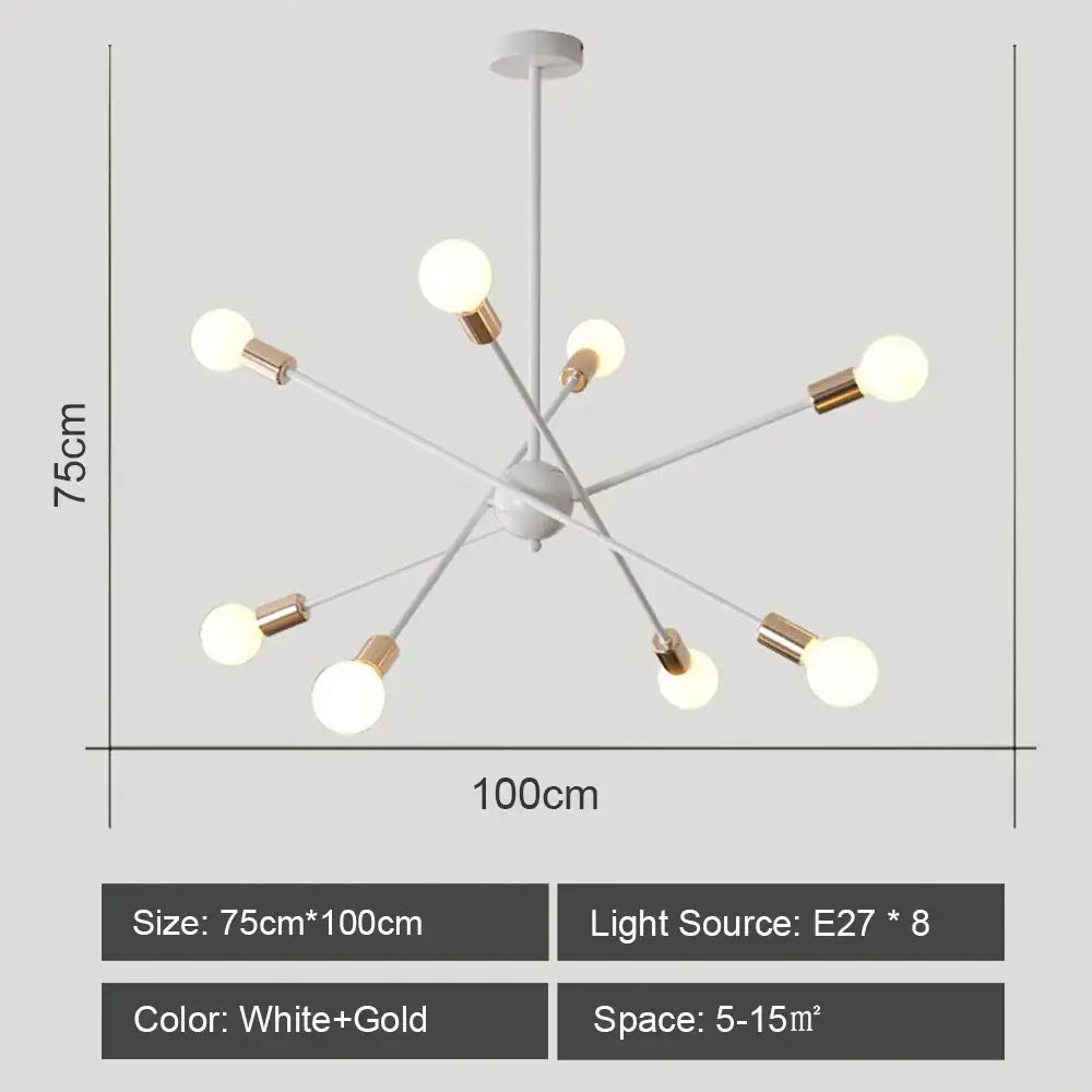 Modern white and gold starburst ceiling light by DecorBites led metal chandeliers with eight exposed e27 bulbs for living room