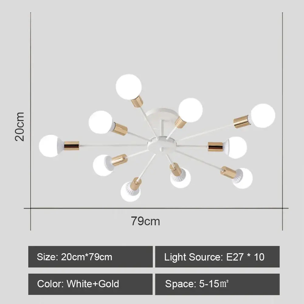 Modern white and gold starburst ceiling light with ten e27 bulbs by DecorBites led metal chandeliers for living room