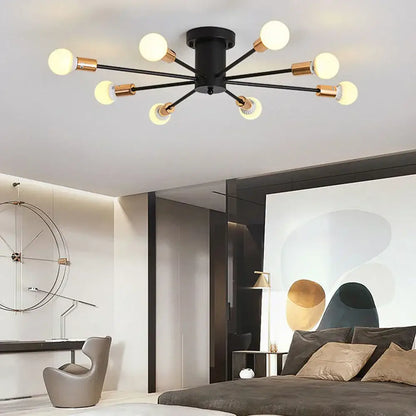 Black and brass decorbites led metal chandelier with eight glowing spherical bulbs for stylish ceiling light decor