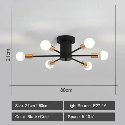 Black and gold decorbites led metal chandelier with six spherical bulbs stylish ceiling light for living room decor